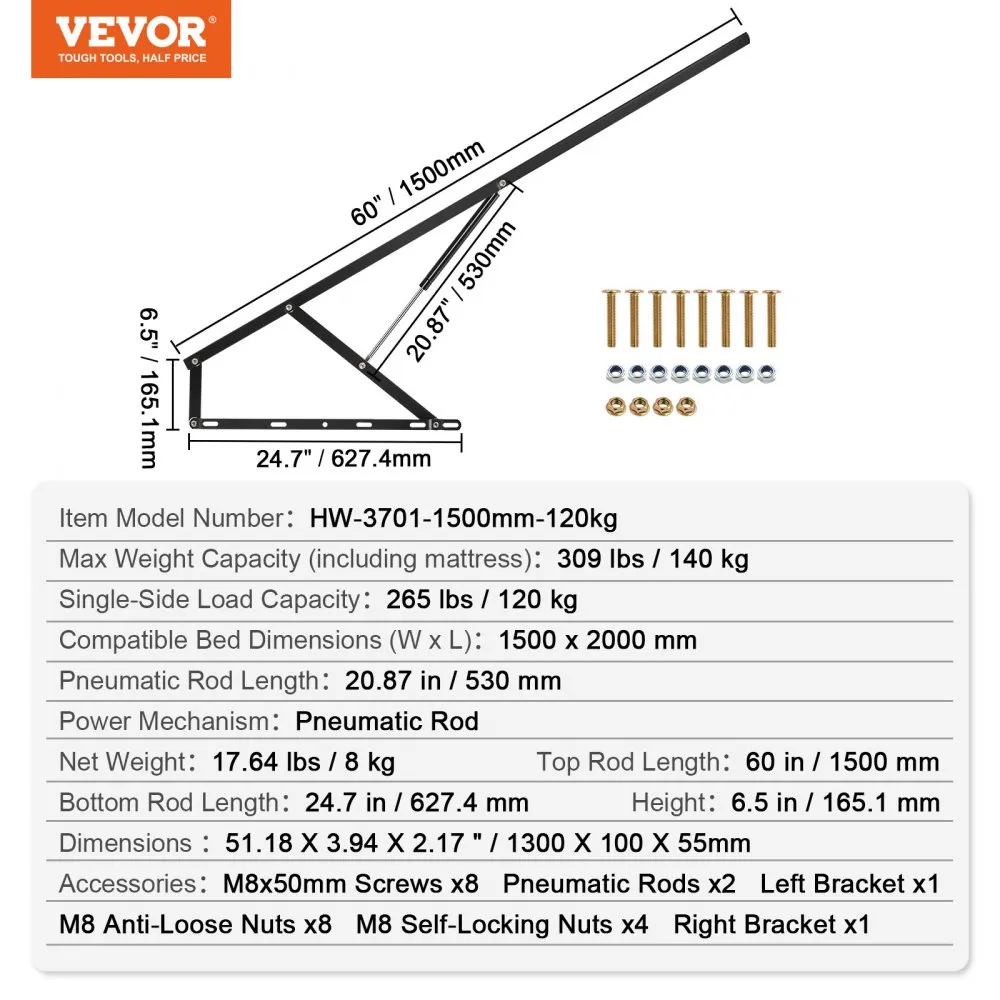 VEVOR bedlift veerbeslag bed tot 140kg DIY opklapbedbeslag 150cm