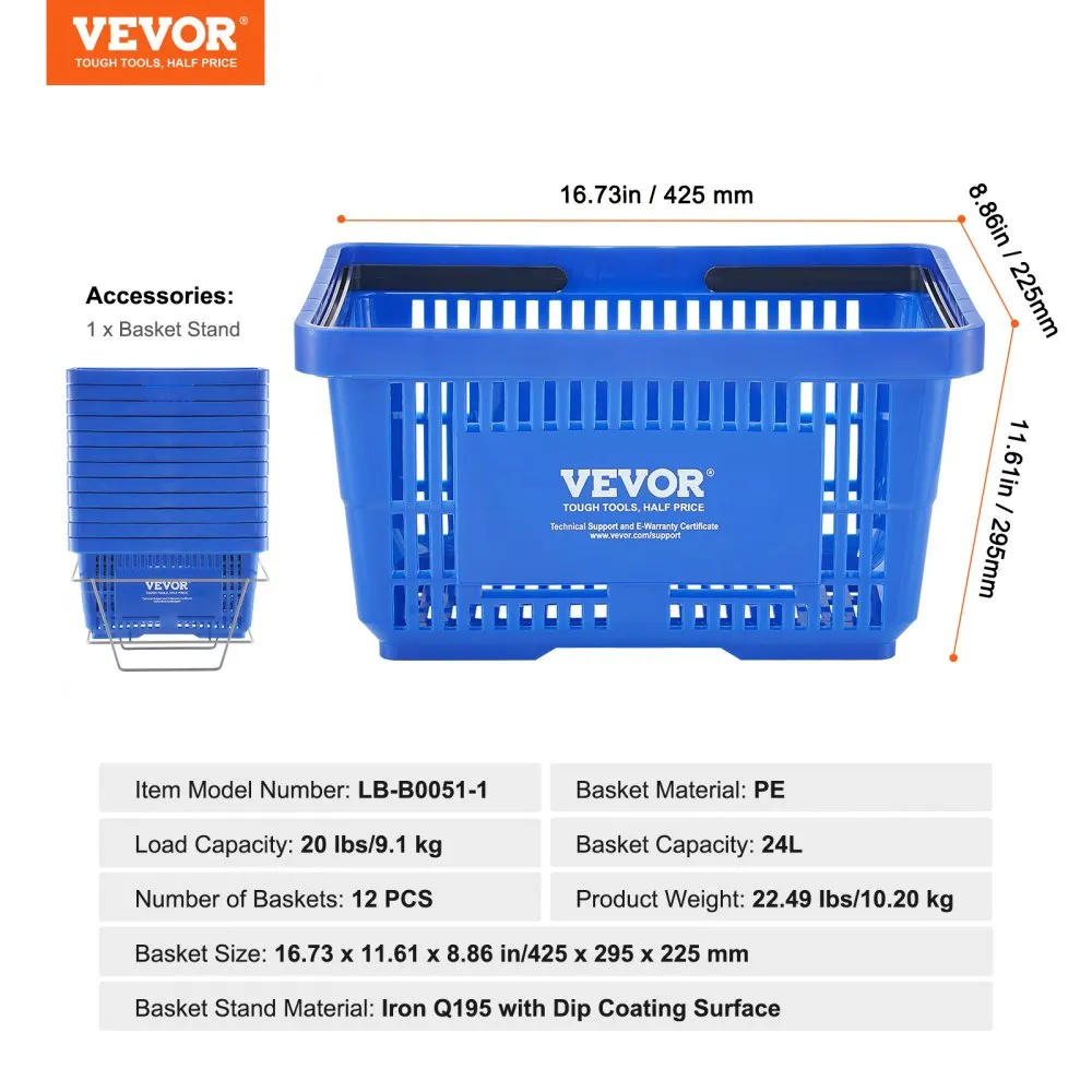 VEVOR boodschappenmand draagbare boodschappenmand 12 stuks 24L handvat standaard blauw
