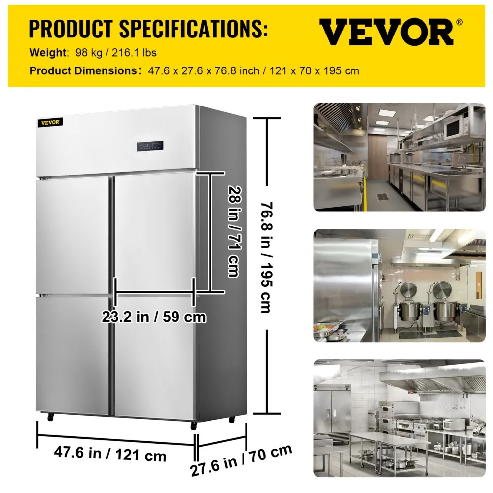 VEVOR Commerciële Koelkast 780L Koelkastdiepvriezer 4Deuren 272W Koelkastchiller