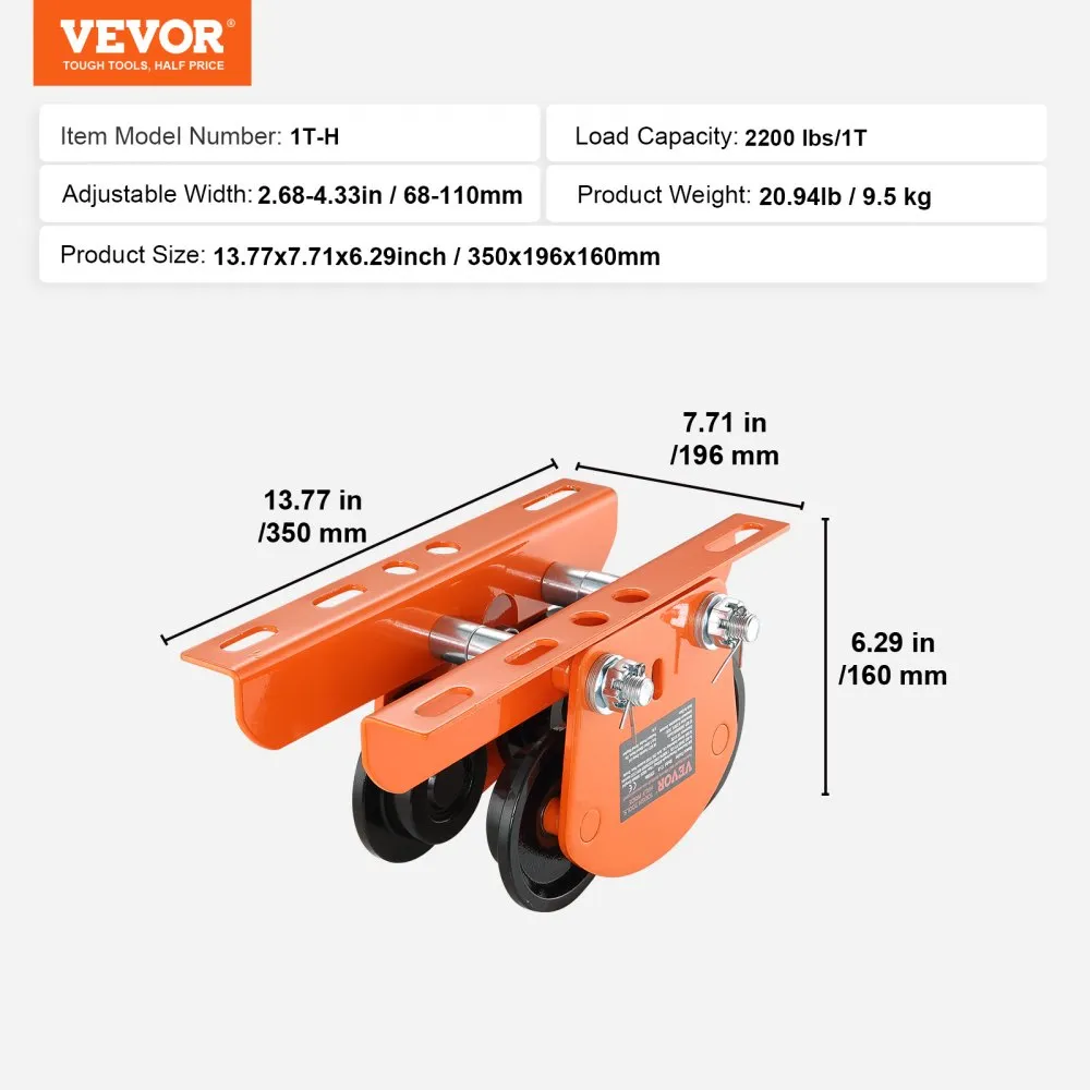 VEVOR handbediende elektrische takelwagen 2200 lbs/1 ton 2,68
