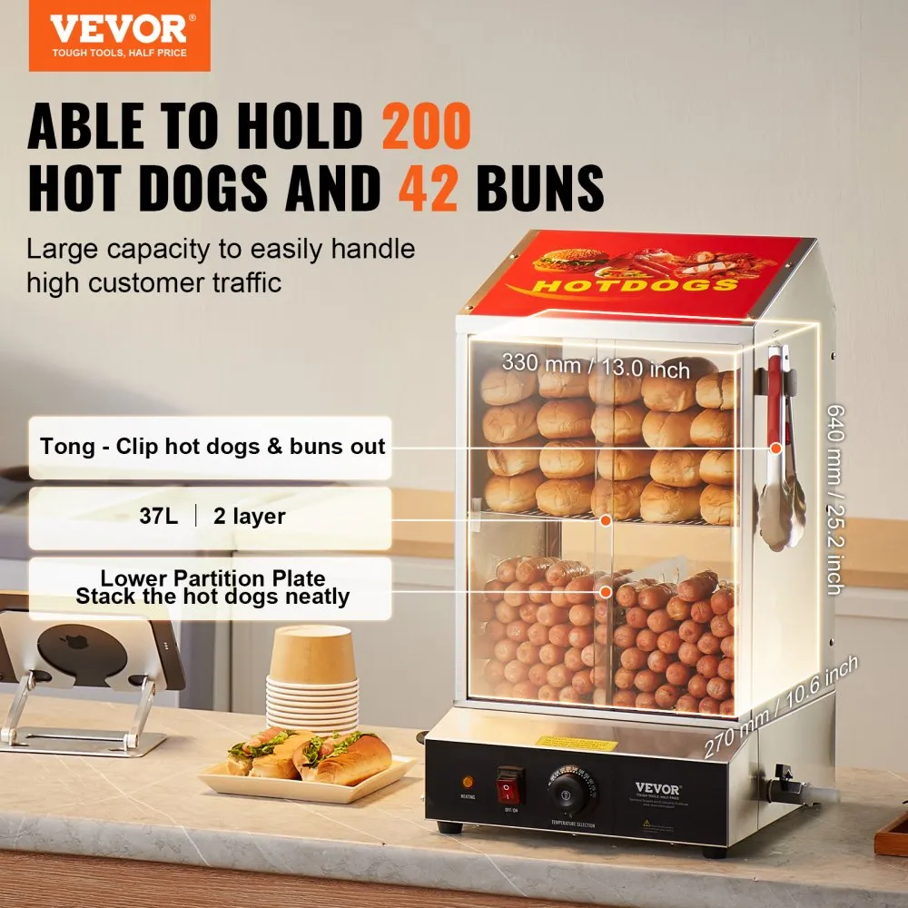 VEVOR HOTDOGSTOMER 2TRAPS BROODJESWARMER 37L COMMERCIEEL ELEKTRISCH