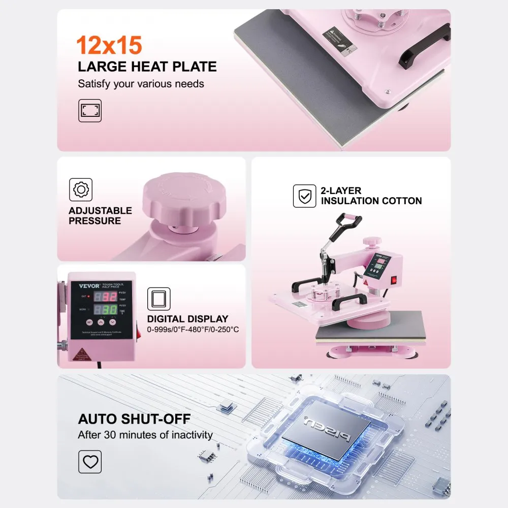 VEVOR WARMTEPERS TRANSFERPERS 30X38CM 8 IN 1 TUMBLER PRESS TSHIRTS ROZE
